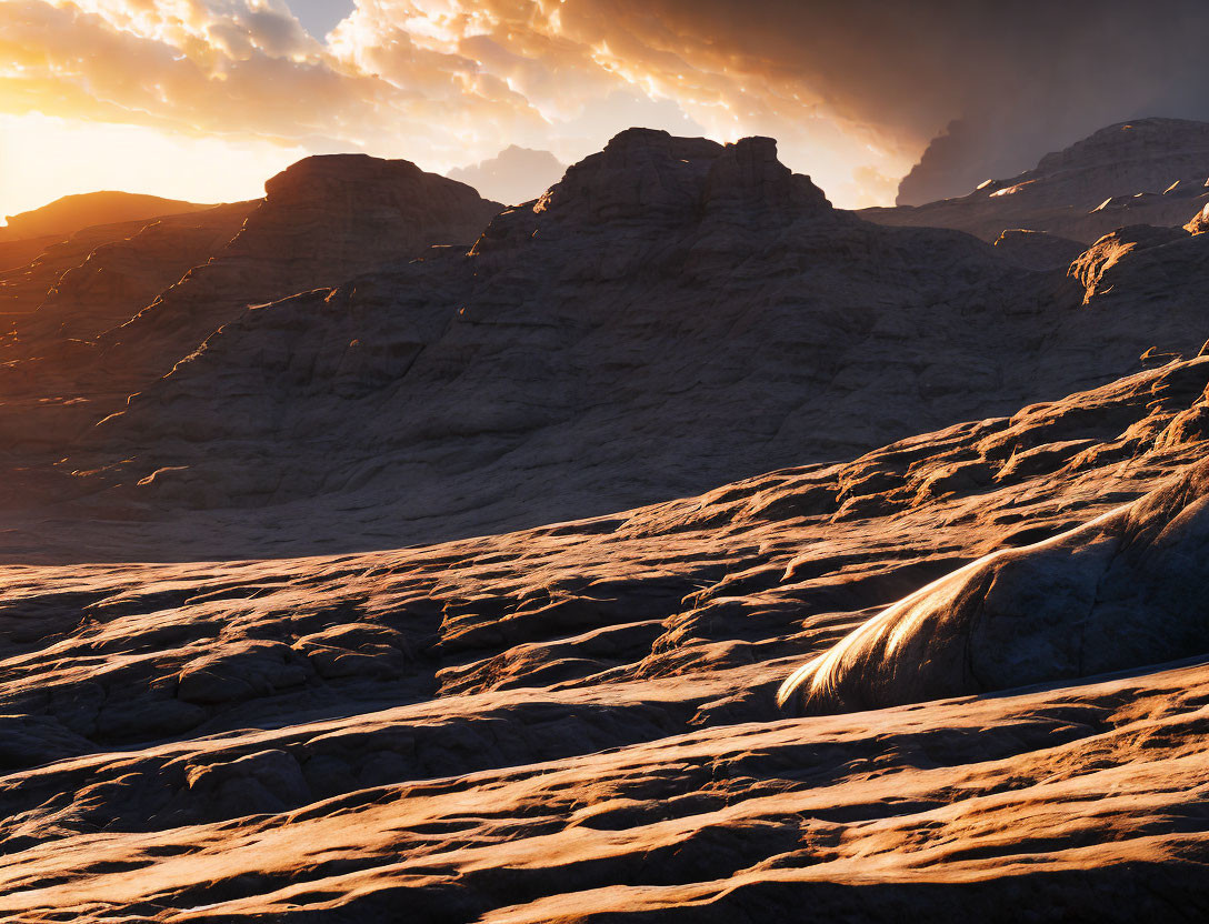 Dramatic sunset over rugged rock formations and cloudy sky