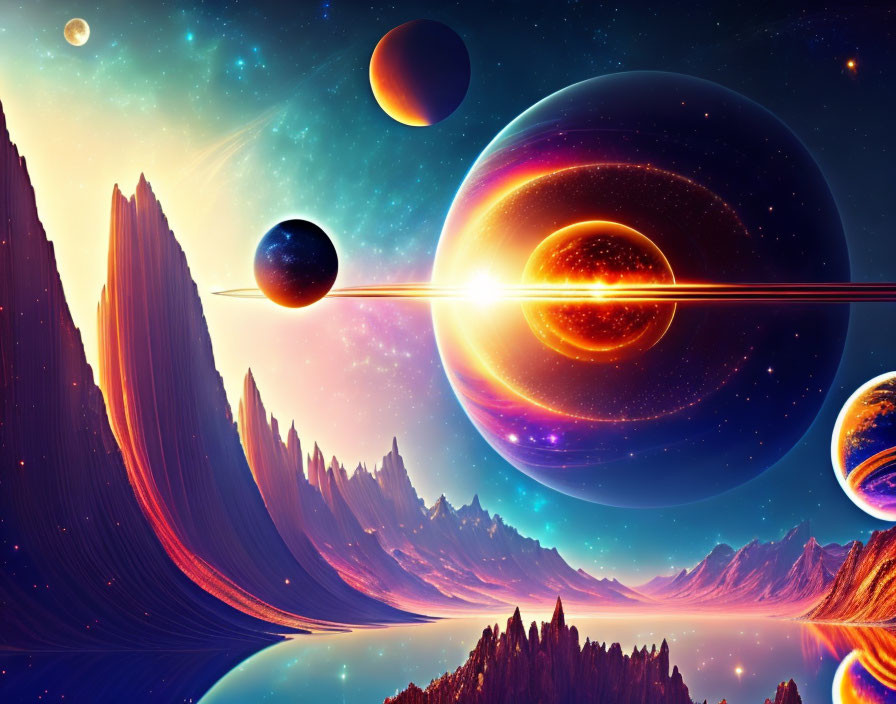 Colorful Sci-Fi Landscape with Planets and Nebulas