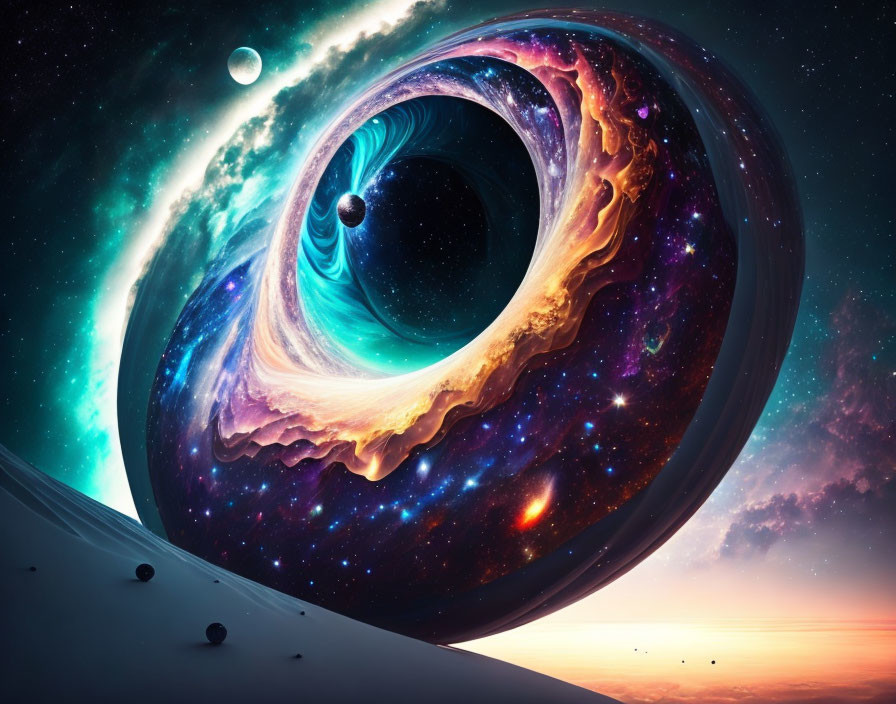 Swirling wormhole, celestial bodies, starry sky, and planet surface in cosmic scene