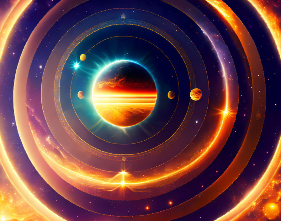 Colorful digital artwork of solar system planets orbiting the sun