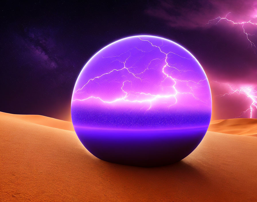 Purple Glowing Sphere on Desert with Lightning Patterns