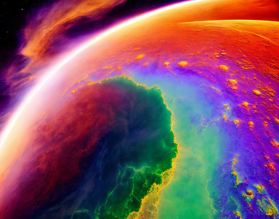 Colorful, glowing planet surface with surreal atmosphere representation