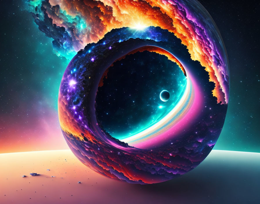 Surreal celestial scene with swirling wormhole and cosmic backdrop