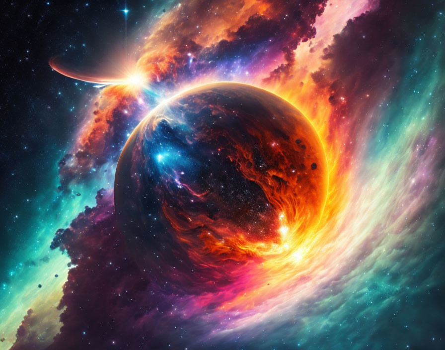 Colorful Space Scene with Celestial Body and Galaxies