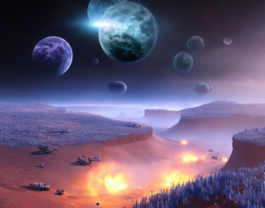 Fantasy landscape with multiple moons, forest, cliff edges, ships, fiery terrain, starry sky