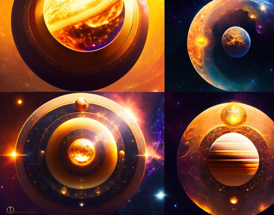 Colorful artistic renditions of celestial bodies with unique planetary alignments and glowing spheres.