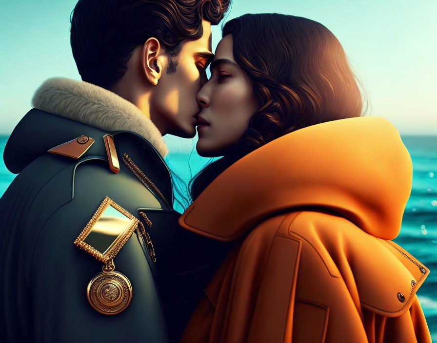 Illustration of two characters in romantic embrace by water, man in military jacket, woman in orange cloak