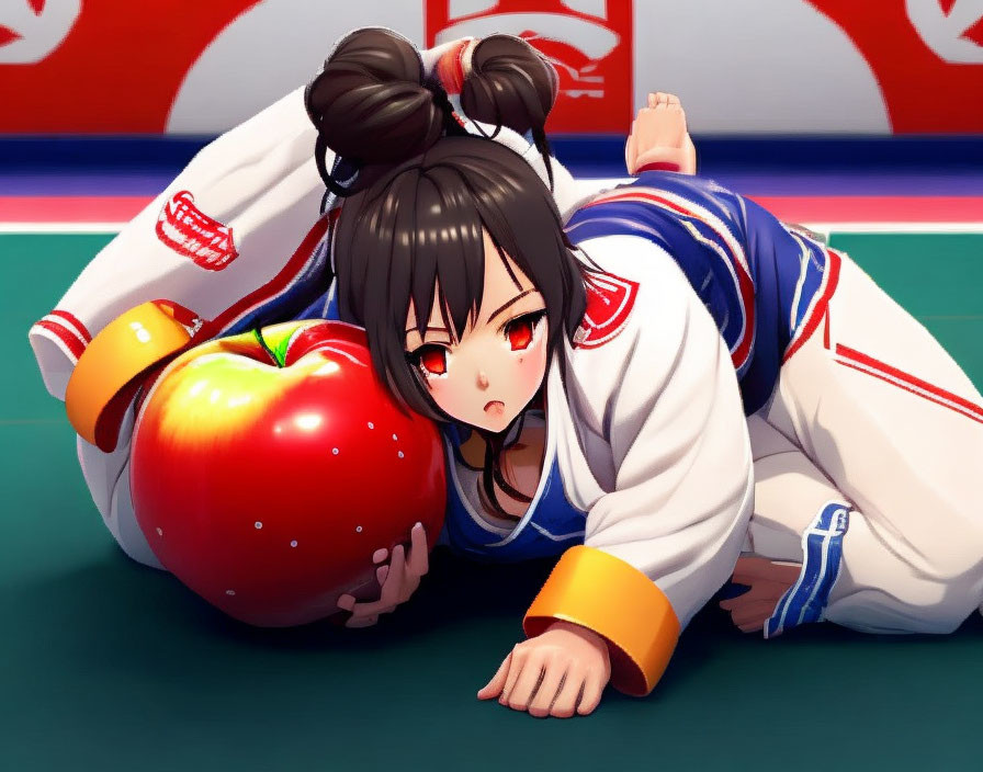 Illustration of girl in judo uniform pinning giant red apple on mat