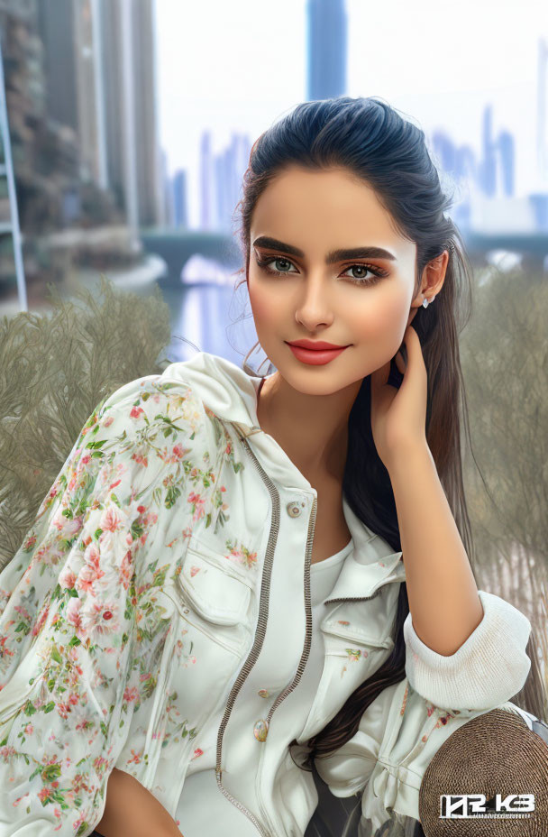 Dark-haired woman in floral white jacket poses against urban backdrop