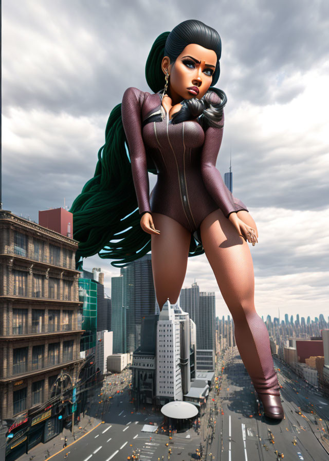 Stylized 3D illustration of superheroine in green cape hovering above city street