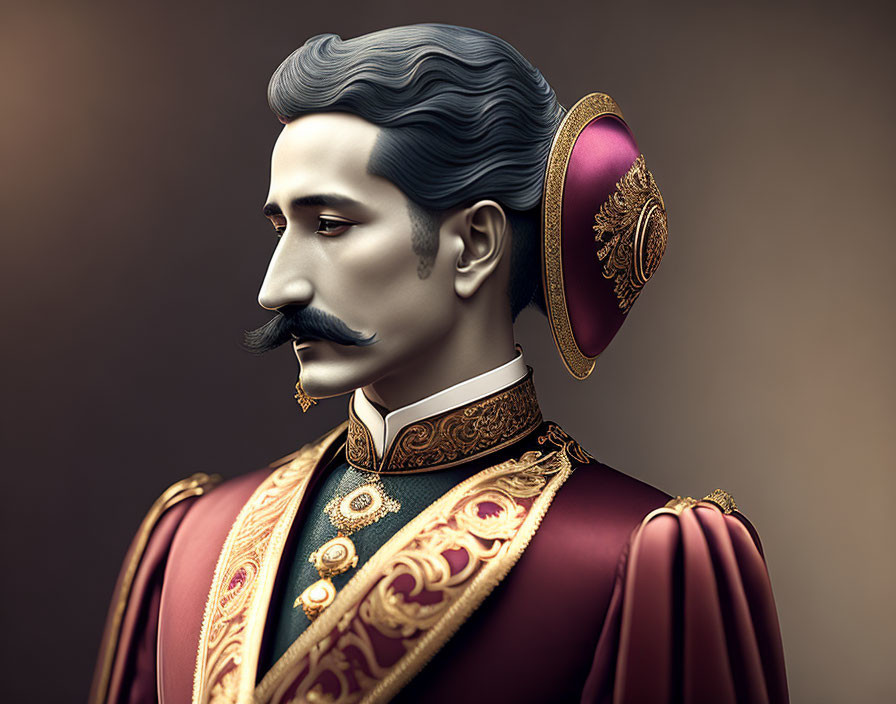 Stylized 3D portrait of man with handlebar mustache in maroon uniform