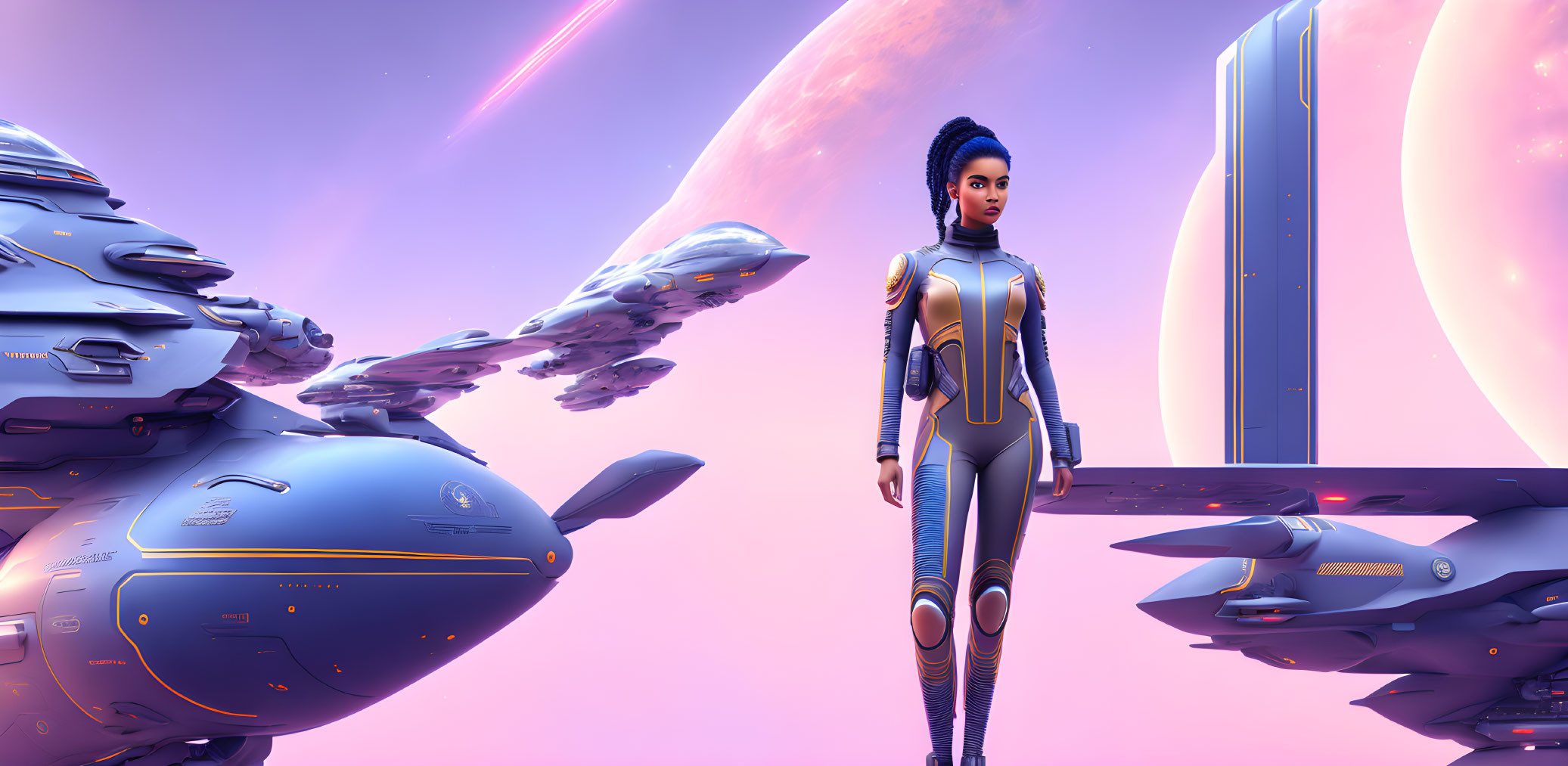 Futuristic scene: Woman in blue and gold spacesuit, sleek spaceships, two planets in