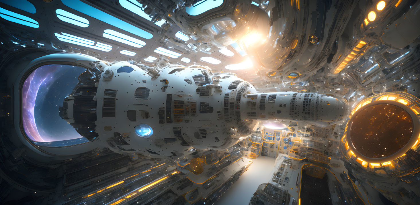 Futuristic spaceship interior with cylindrical core and complex structures