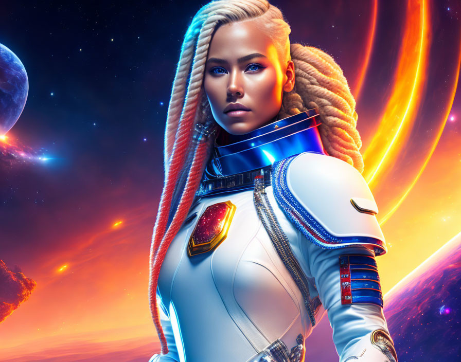 Futuristic woman in white spacesuit with braided hair in cosmic setting