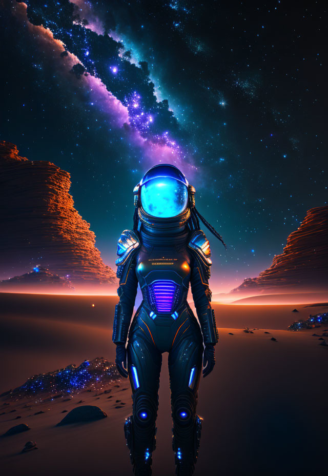 Futuristic astronaut on barren night landscape with towering rocks