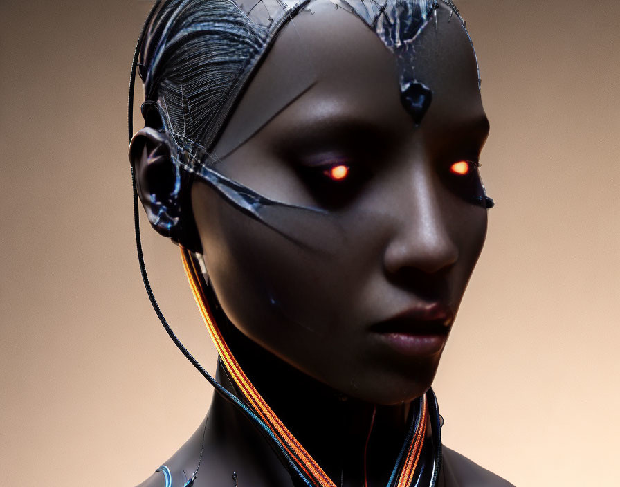 Detailed humanoid robot with glowing red eyes and visible wires.