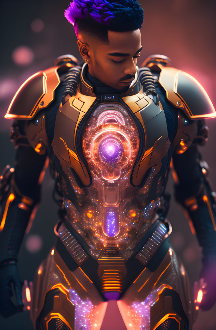 Purple Mohawk Person in Futuristic Armor Suit with Glowing Accents on Bokeh Background