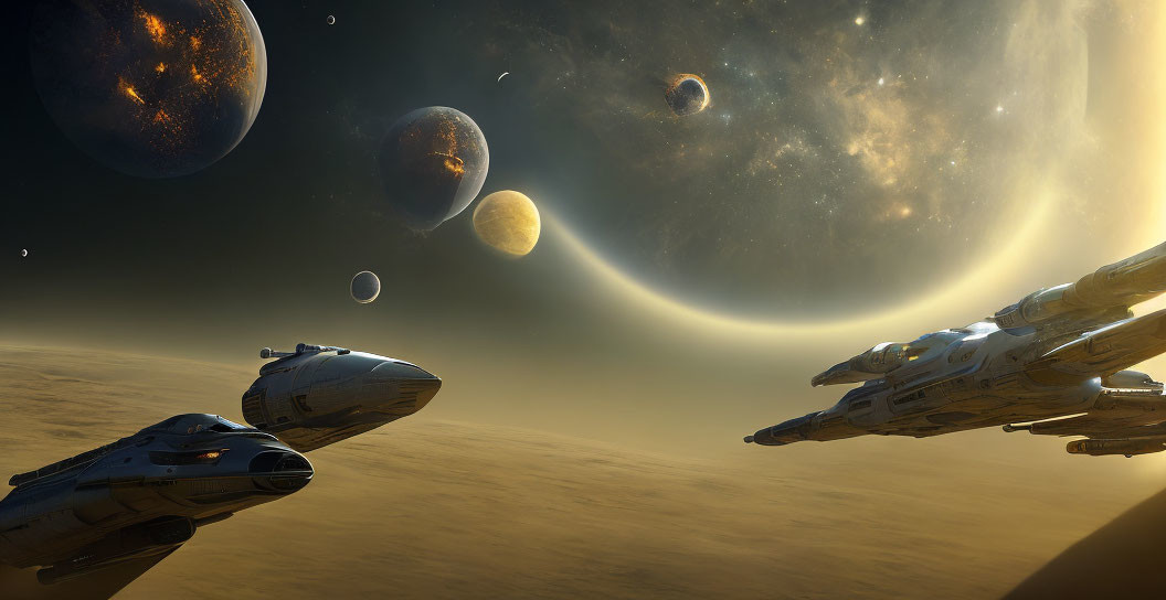 Spaceships flying towards planets with moons in a glowing nebula.