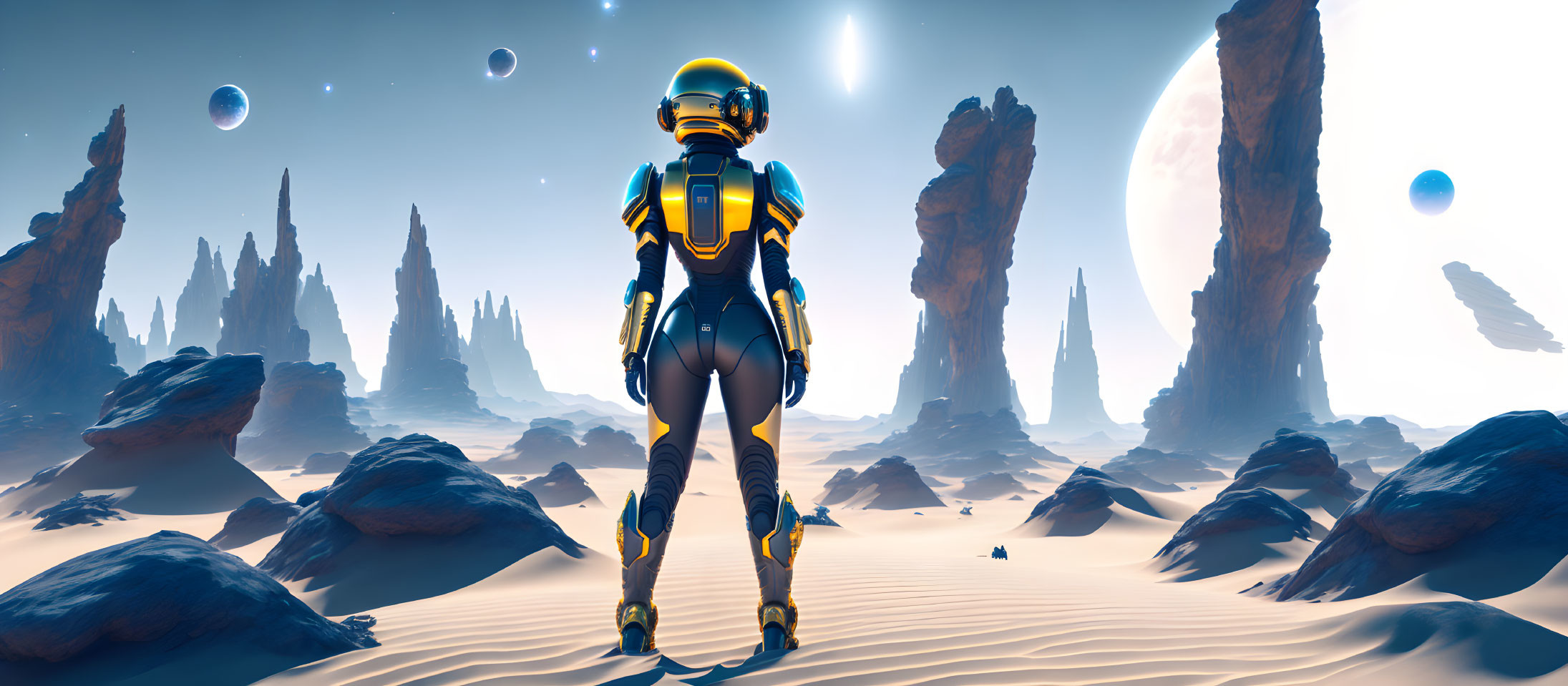 Futuristic astronaut in blue and gold suit on alien desert with rock formations