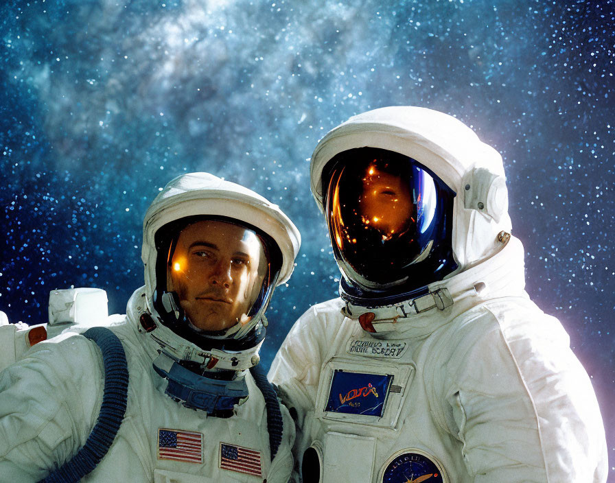 Astronauts in spacesuits with galaxy backdrop and visor reflections