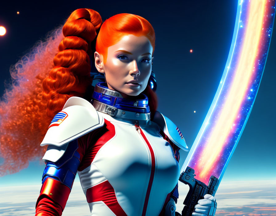 Futuristic woman with red hair holds blaster in cosmic space scene