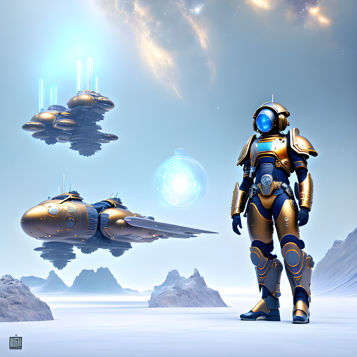 Futuristic astronaut in gold and blue suit on alien planet