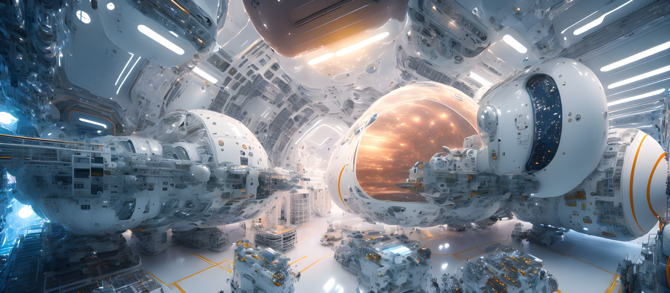 Futuristic Space Station Interior with Metallic Spheres and Glowing Light