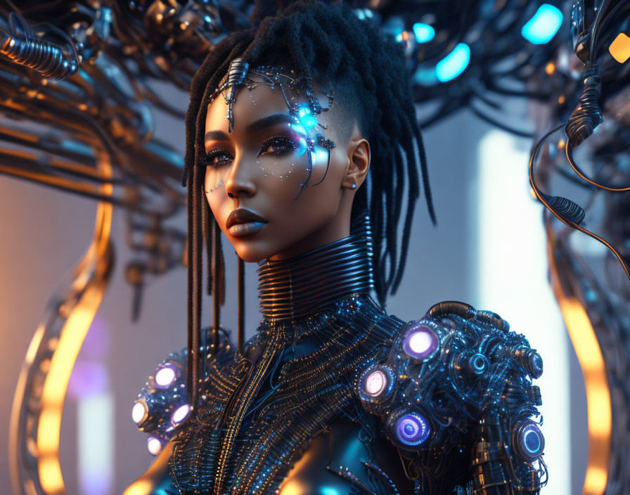 Afrofuturistic female android with cybernetic enhancements