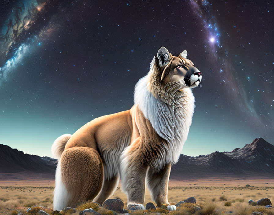 Majestic lion-bodied creature with lynx head under starry sky