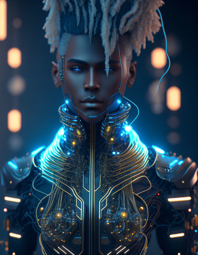 Futuristic male android with blue glowing lines and cybernetic enhancements