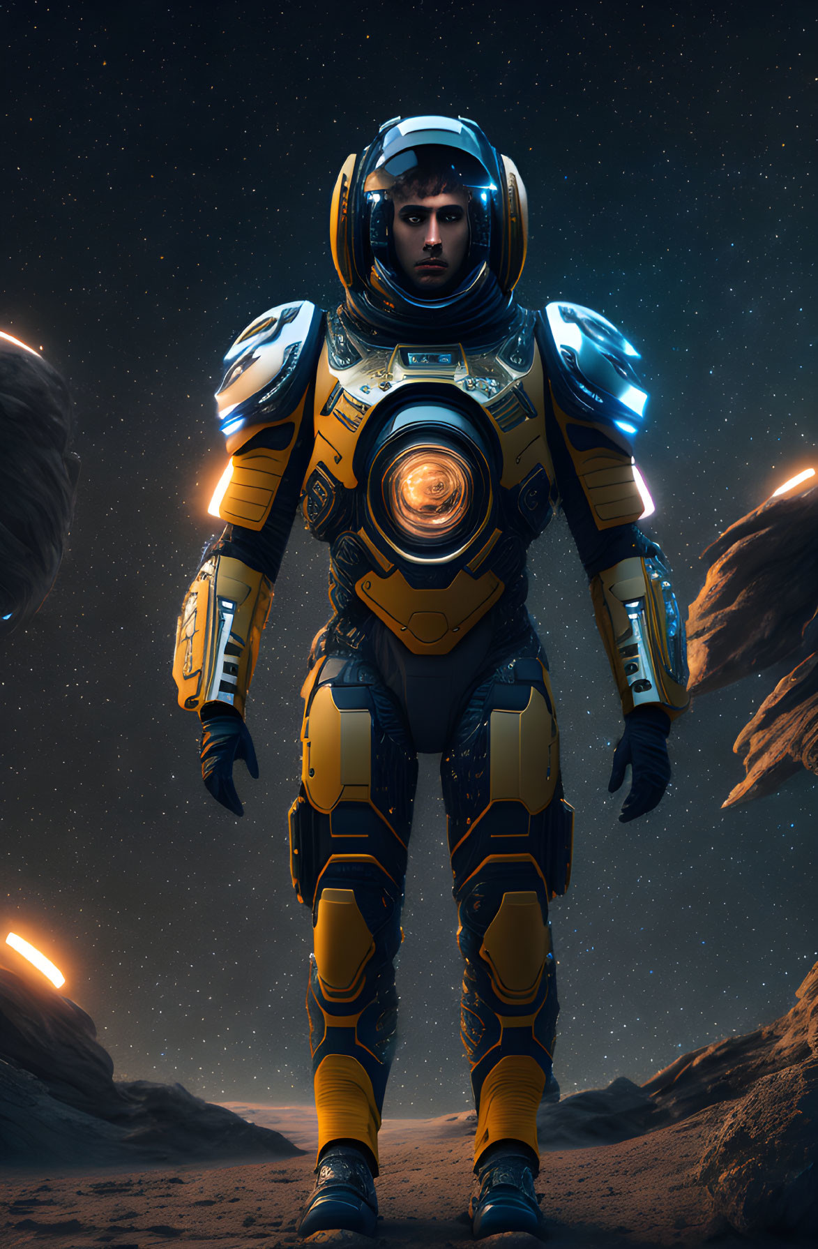 Futuristic space suit figure on rocky terrain with starry sky