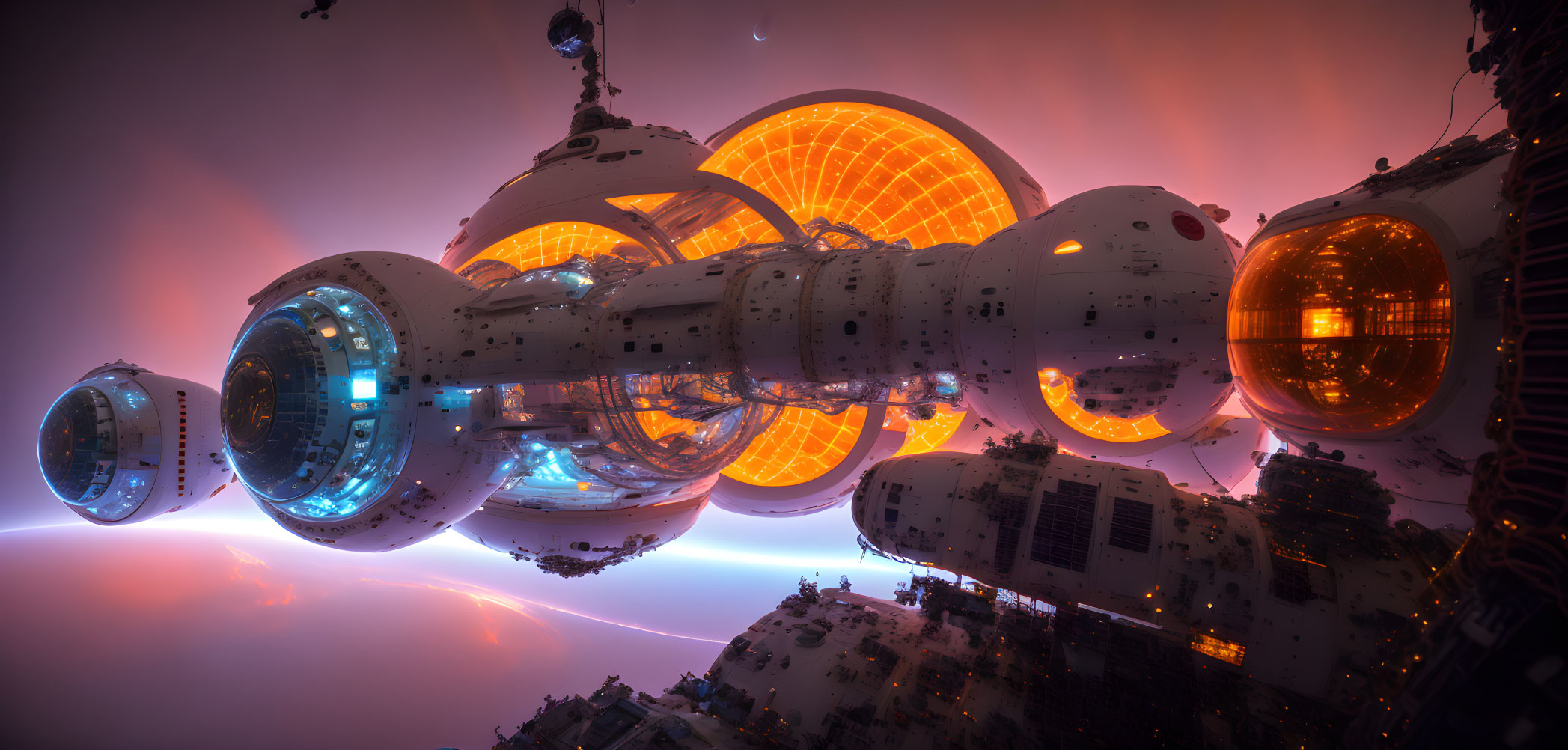 Futuristic space station above planet with glowing orange windows