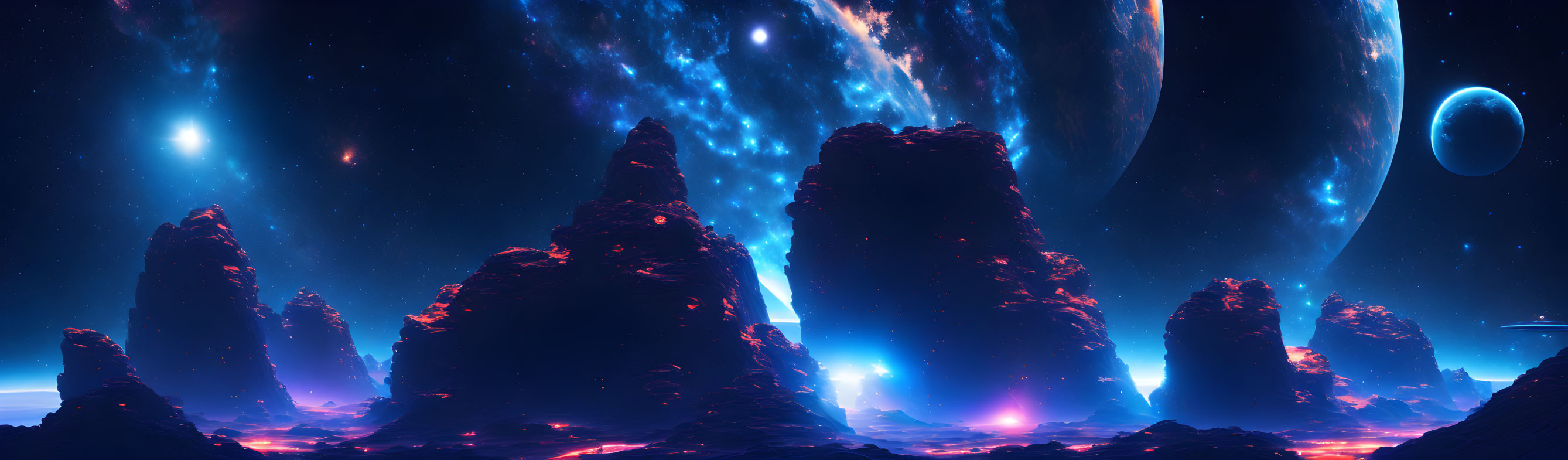 Panoramic alien landscape with towering rock formations under a star-filled night sky