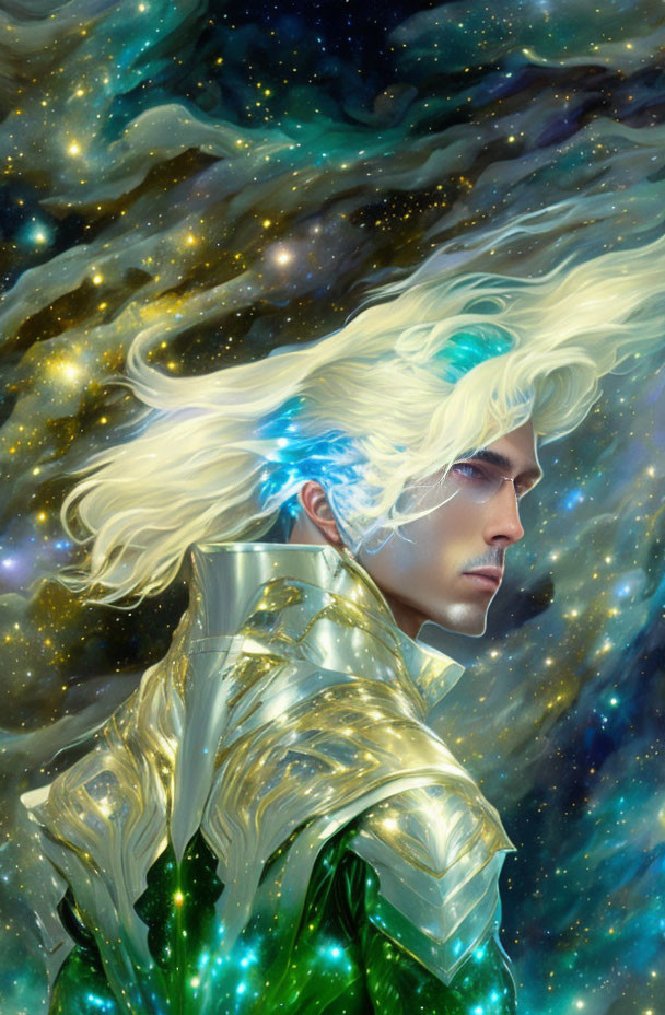 Blond-Haired Male Figure in Golden Armor Against Cosmic Backdrop