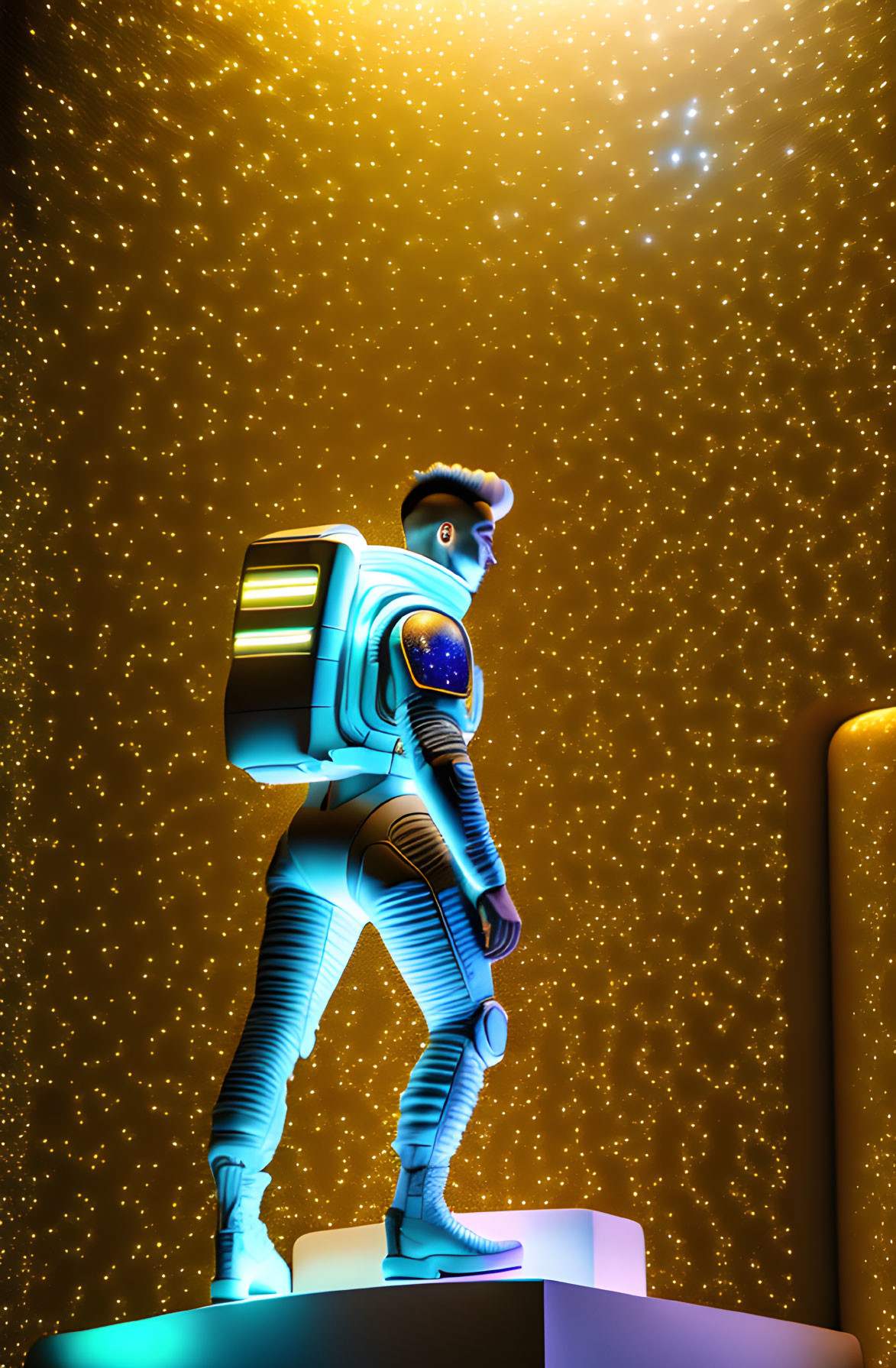 Stylized astronaut with jetpack in golden cosmos setting