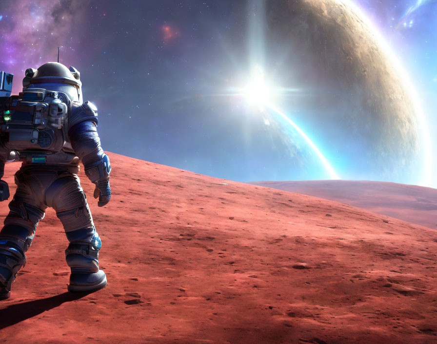 Astronaut exploring red alien planet under bright sun