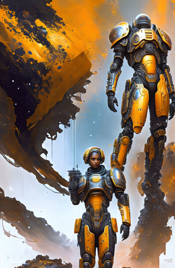 Futuristic soldiers in yellow and black armor on floating rock formations with cloudy sky