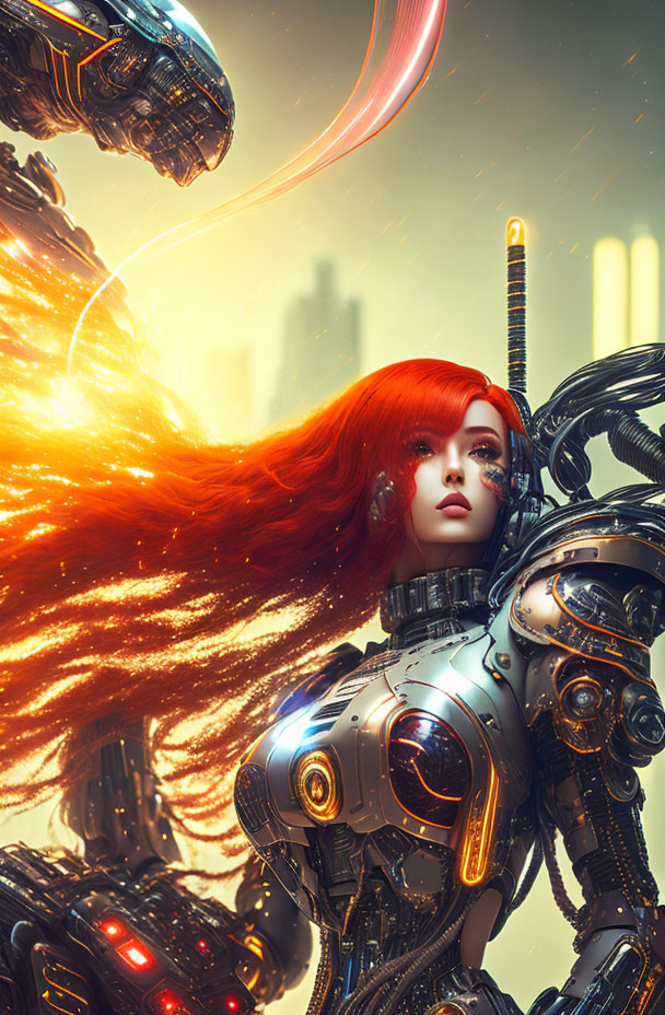 Female cyborg with red hair in futuristic cityscape