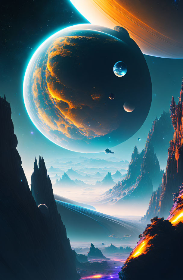 Vibrant sci-fi landscape with towering mountains, river, and multiple planets