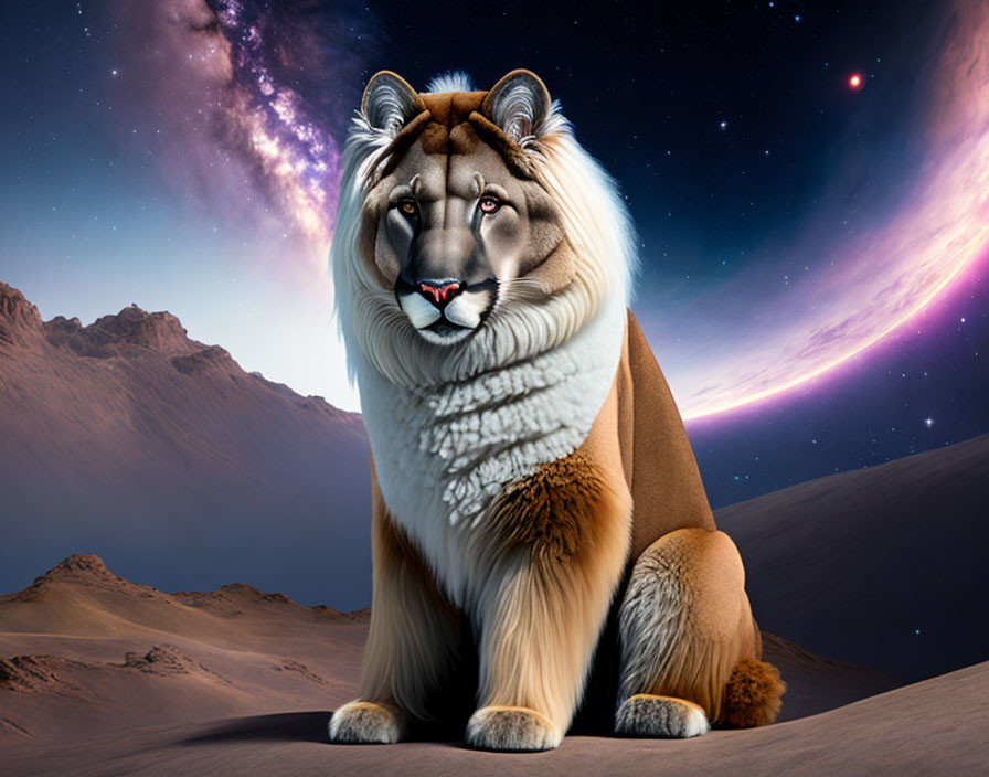 Majestic lion with striking eyes in desert twilight landscape