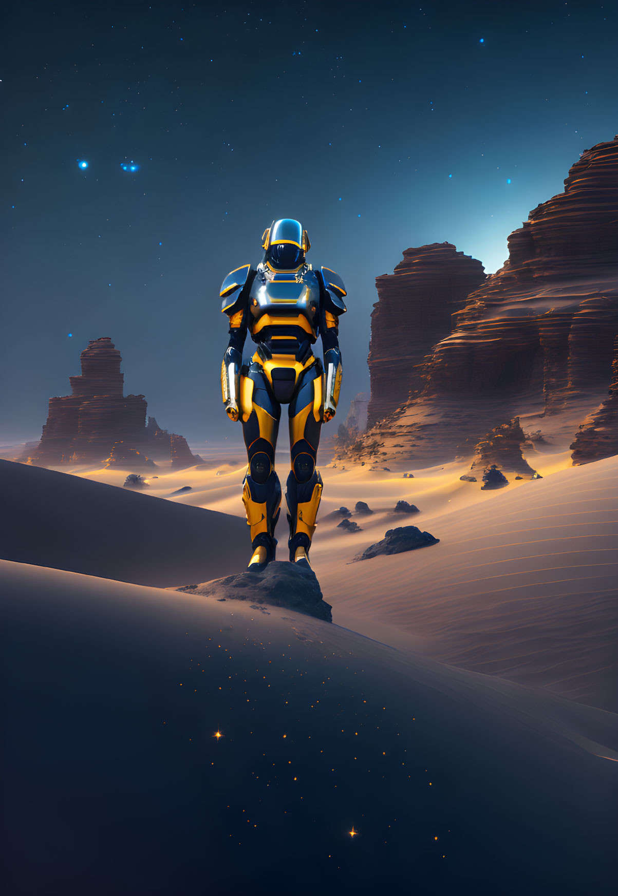 Astronaut in yellow and blue suit on desert dune under starlit sky