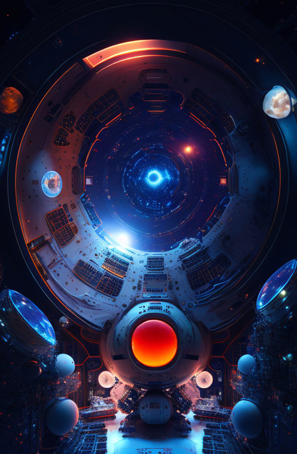 Futuristic spaceship interior with glowing blue energy core and control panels