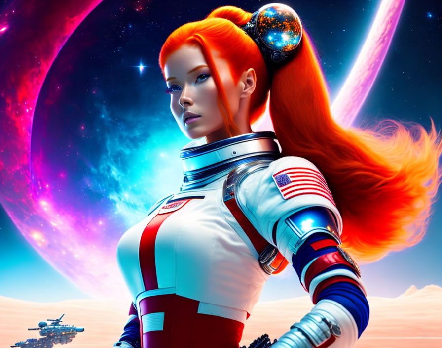 Vibrant red-haired female astronaut in futuristic space setting