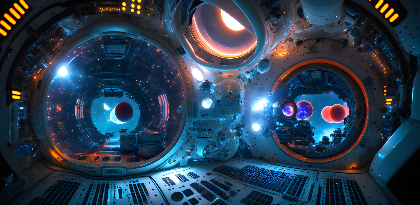 Futuristic Spaceship Interior with Glowing Control Panels and Space Views