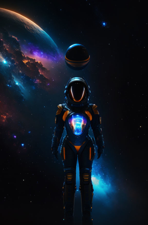 Futuristic astronaut in space suit with stars and planet.