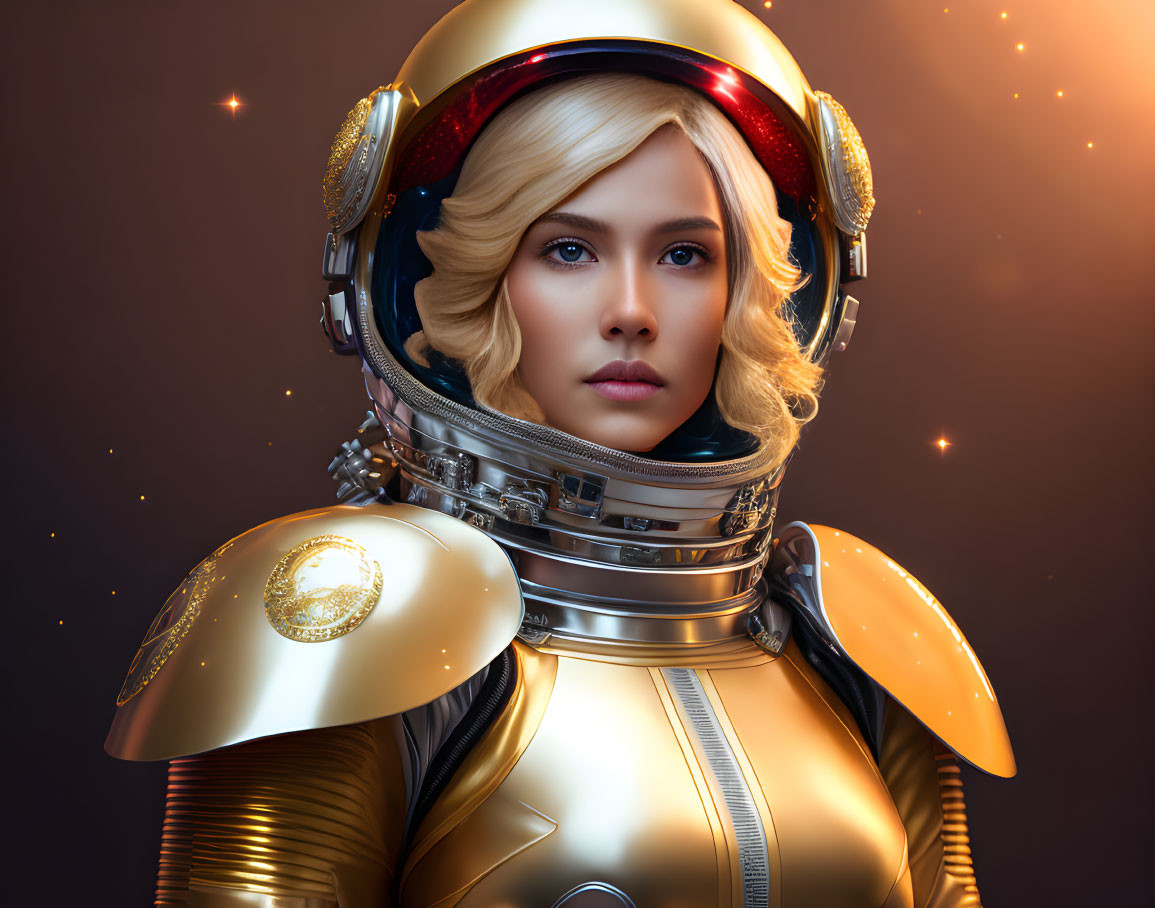 Futuristic woman in golden space helmet and suit on dark background