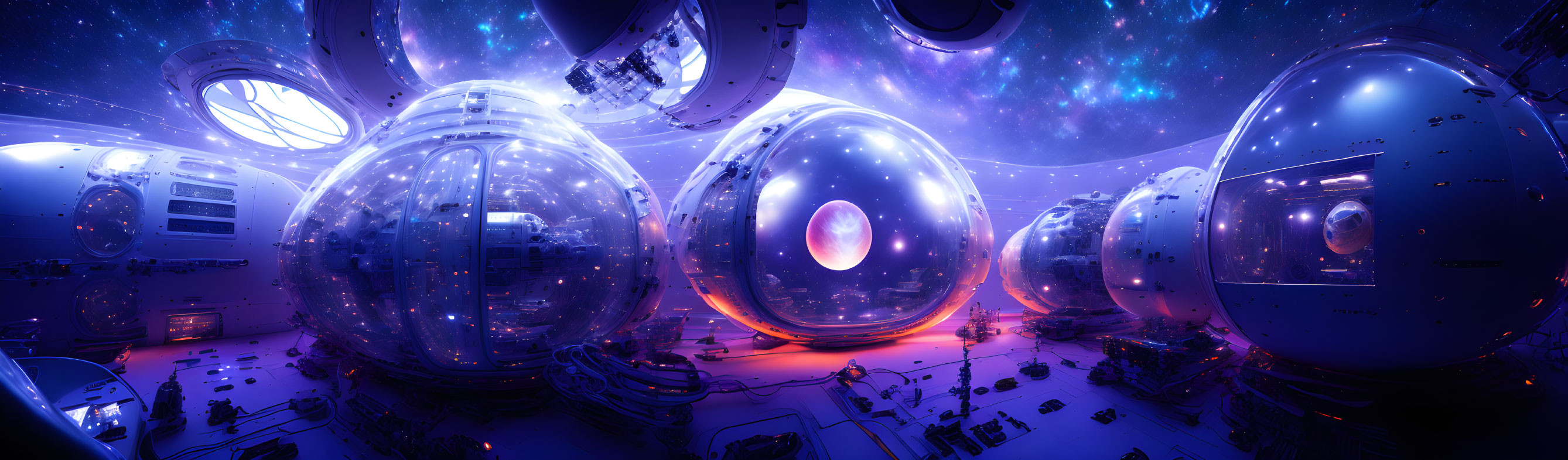 Transparent spherical modules in futuristic space station orbiting stars.