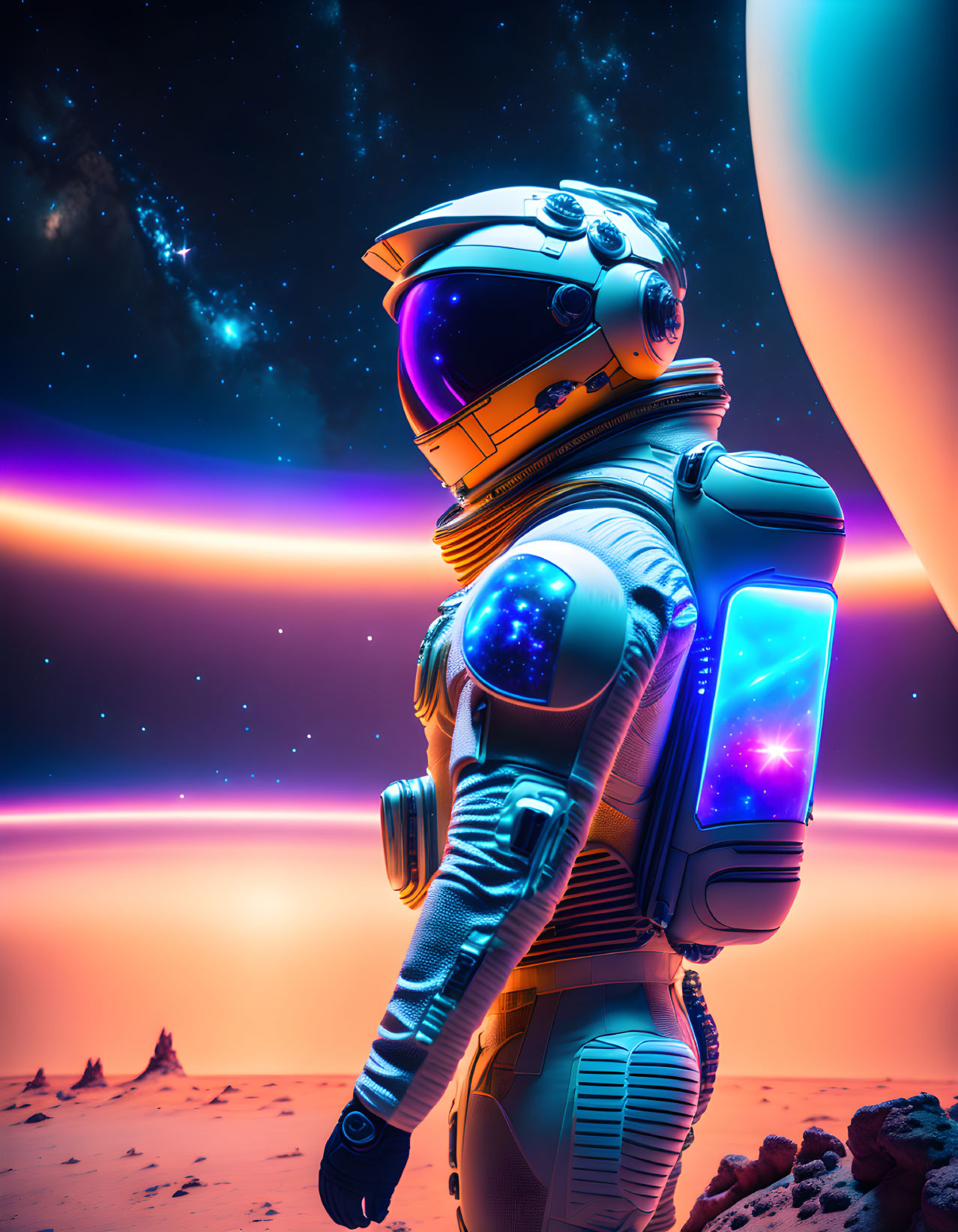 Futuristic astronaut in colorful alien sky on barren landscape