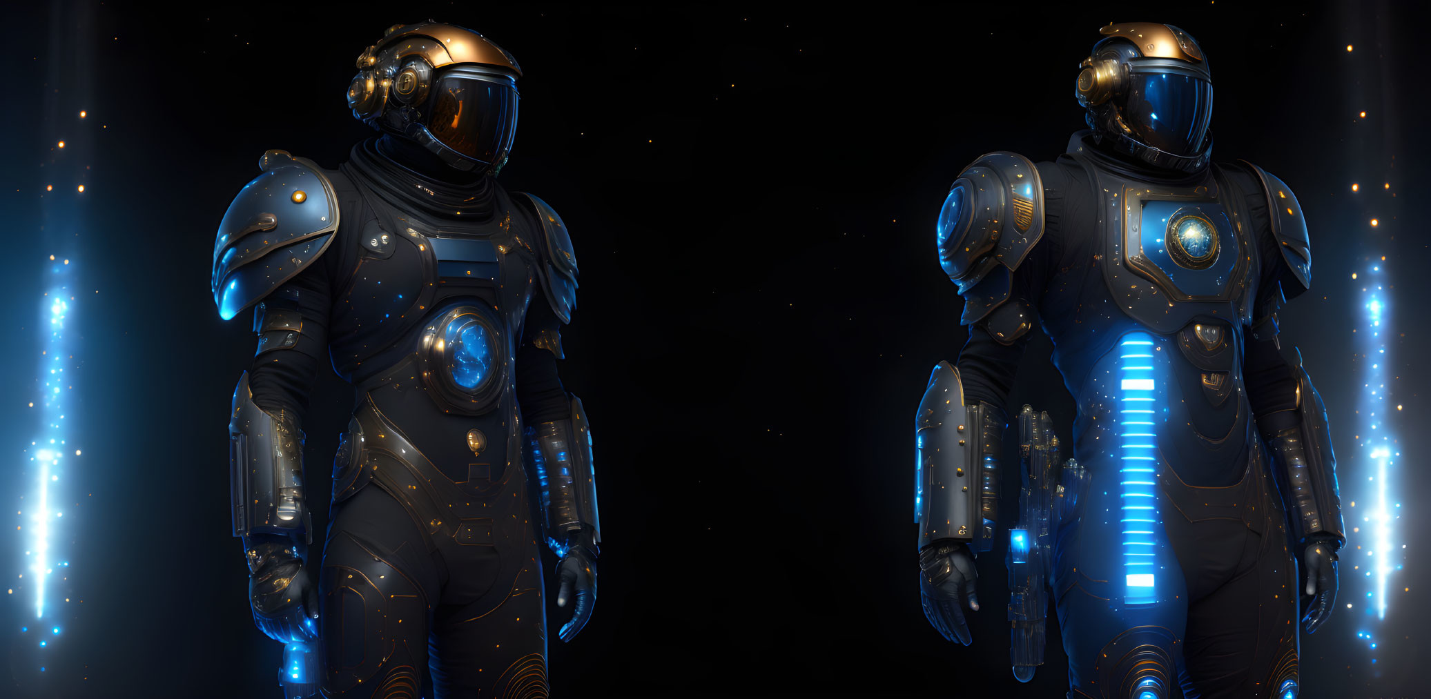 Futuristic astronauts in advanced space suits against starry backdrop