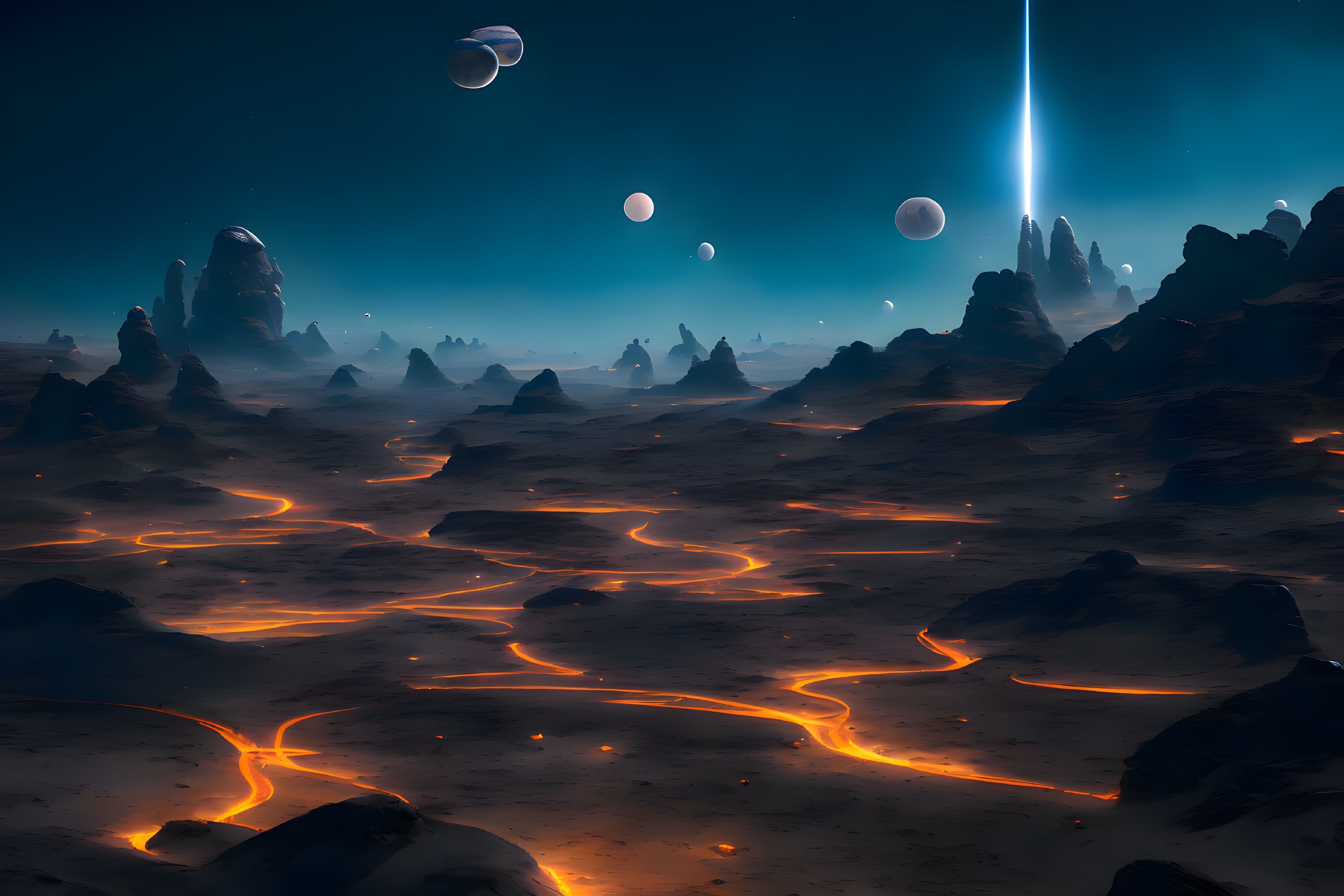 Alien landscape with glowing lava cracks under starry sky